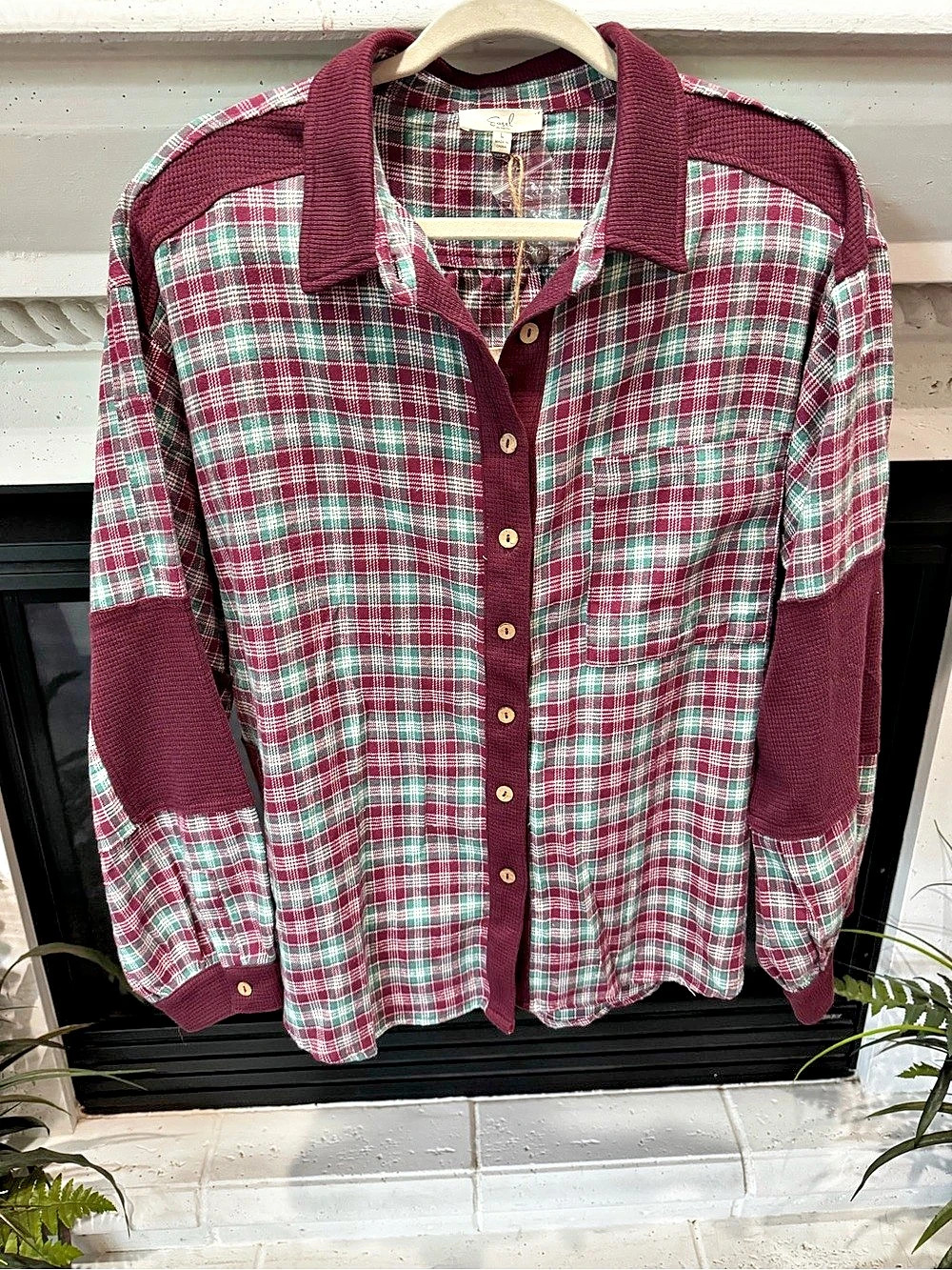 🆕 Easel Plaid Button Down Shirt in Burgundy & Green Size Large NWT